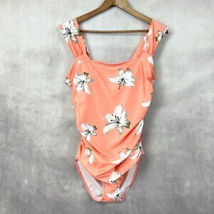 Summer Coral Floral Orchid Swimsuit‎ Womens XLarge Full Coverage Ruched Beachy